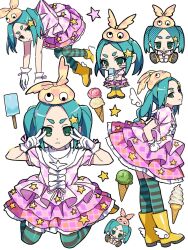  18_amamam 1girl aqua_hair aqua_thighhighs blush_stickers boots center_frills checkered_clothes checkered_dress checkered_hat chibi closed_mouth commentary_request double_v drawn_wings dress elbow_gloves expressionless food frills gloves googly_eyes green_eyes hat held_up highres holding holding_food holding_popsicle ice_cream layered_dress looking_at_viewer magical_girl mahou_shoujo_madoka_magica mahou_shoujo_madoka_magica_magia_exedra mini_wings monogatari_(series) multiple_views ononoki_yotsugi parted_bangs petticoat pink_dress popsicle puffy_short_sleeves puffy_sleeves puritan_collar rubber_boots short_hair short_sleeves sidelocks simple_background sitting standing star_(symbol) striped_clothes striped_thighhighs thick_eyebrows thigh-highs twintails v v_over_eye wariza white_background winged_boots wings yellow_boots 