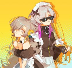  2girls absurdres apron black_dress black_jacket blonde_hair blue_background cevio chinese_commentary closed_mouth commentary_request deal_with_it_(meme) detached_collar dress dual_persona enmaided eyes_visible_through_hair flower grey_eyes grey_hair hair_flower hair_ornament hair_over_one_eye halftone halftone_background highres holding holding_tray isekaijoucho jacket jersey_maid kamitsubaki_studio long_hair looking_at_viewer maid maid_headdress meme multicolored_hair multiple_girls nyansky parted_lips purple_hair sekai_(cevio) smile strap_slip strapless strapless_dress tray two-tone_background two-tone_hair unconventional_maid upper_body virtual_youtuber waist_apron watermark wavy_hair weibo_watermark white_apron yellow_background yellow_flower 