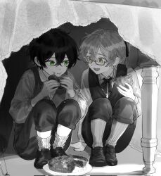  2boys :t aged_down ankle_socks black_hair blush capri_pants child closed_mouth collared_shirt commentary commission crepe_commission cross cross_necklace crossed_bangs crumbs degrees_of_lewdity double-parted_bangs dress_shirt eating english_commentary engrish_commentary expressionless food food_in_mouth food_on_face full_body geuntae glasses green_eyes hair_between_eyes hair_ribbon hiding highres holding holding_food indoors jewelry kneehighs knees_to_chest kylar_(degrees_of_lewdity) kylar_(male)_(degrees_of_lewdity) light_blush loafers long_hair long_sleeves looking_at_another loose_socks male_focus messy_hair multiple_boys neck_ribbon necklace nose_blush on_floor open_mouth pants pie plate ponytail puffy_long_sleeves puffy_sleeves ribbon second-party_source shirt shoes short_hair sitting smile socks spot_color sydney_(degrees_of_lewdity) sydney_(male)_(degrees_of_lewdity) table tablecloth teeth three-quarter_sleeves under_table upper_teeth_only vest waistcoat wing_collar wingtip_collar yellow_eyes 