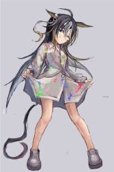  1girl ahoge animal_ears blue_eyes brown_hair commentary_request dream_journey_(umamusume) full_body glasses grey_shirt grey_shoes hair_between_eyes holding holding_shirt holding_unworn_clothes horse_ears horse_girl horse_tail long_hair long_shirt long_sleeves looking_at_viewer multicolored_hair paint_on_body paint_on_clothes shirt shoes simple_background solo streaked_hair tail umamusume unworn_shirt white_hair yanagi_wakana 