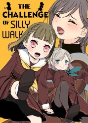  >:) 3girls :d ^_^ aqua_neckerchief black_pantyhose blue_eyes braid breasts brown_dress brown_hair brown_shoes center-flap_bangs ceras_yanagida_lilienfeld closed_eyes closed_mouth commentary_request cover cover_page doujin_cover dress english_text grey_hair hair_ribbon hasu_no_sora_school_uniform highres kachimachi_kosuzu katsuragi_izumi laughing leg_up loafers long_sleeves love_live! love_live!_hasu_no_sora_jogakuin_school_idol_club medium_breasts multiple_girls neckerchief open_mouth pantyhose pink_eyes pink_ribbon ribbon sailor_collar sailor_dress school_uniform second-party_source shadow shinanoya_(satanicad) shoes side_braids simple_background smile v-shaped_eyebrows virtual_youtuber white_sailor_collar winter_uniform yellow_background yellow_neckerchief 