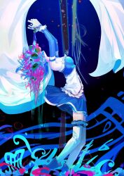  1girl absurdres arms_up bare_shoulders blue_boots blue_skirt boots cape commentary detached_sleeves from_side full_body gloves highres magical_girl mahou_shoujo_madoka_magica mahou_shoujo_madoka_magica_(anime) miki_sayaka miki_sayaka_(magical_girl) oktavia_von_seckendorff sheet_music skirt solo thigh-highs thighhigh_belt white_cape white_gloves white_thighhighs witch_(madoka_magica) ydpfa 