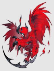  absol alternate_color alternate_shiny_pokemon animal_focus asymmetrical_horns bairizuomeng claws full_body grin hair_over_one_eye highres horizontal_pupils horns looking_at_viewer mega_absol mega_pokemon no_humans one_eye_covered pokemon pokemon_(creature) pokemon_focus red_eyes red_fur red_wings simple_background smile solo uneven_horns wings 