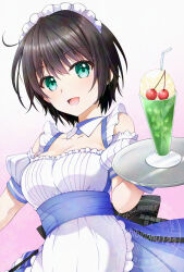  aoi_erika aoi_erika_(deliverer_of_miracle) black_hair blue_eyes chibinon cup drinking_glass heaven_burns_red highres looking_at_viewer maid maid_headdress open_mouth short_hair tray upper_body 