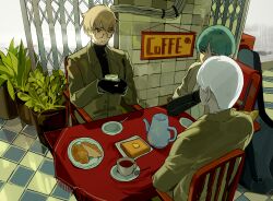  1girl 2boys absurdres black_gloves blonde_hair bread bread_slice brown_eyes chair checkered_floor commentary croissant cup food glasses gloves green_hair grey_suit guitar_case highres holding holding_cup instrument_case library_of_ruina looking_at_another multiple_boys on_chair philip_(project_moon) plant potted_plant project_moon salvador_(project_moon) short_hair sitting smile suit table tea teacup teapot toast white_hair yongsadragon yuna_(project_moon) 