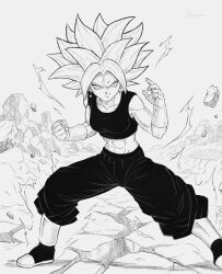  1girl abs aura baggy_pants black_pants black_tank_top boots breasts broken_ground commentary crop_top destruction dragon_ball dragon_ball_super earrings electricity fighting_stance highres jewelry kefla_(dragon_ball) looking_at_viewer medium_breasts medium_hair pants potara_earrings smile smug spiky_hair super_saiyan super_saiyan_2 sydoria tank_top toned toned_female 
