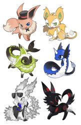  :d alternate_color alternate_shiny_pokemon animal_focus bairizuomeng black_eyes black_fur black_hat black_jacket black_necktie blue_eyes brown_fur cetacean_tail clothed_pokemon colored_sclera detached_collar dragonair eevee eyewear_on_head fang fins fish_tail fluffy full_body fur_collar gem green_eyes green_fur green_sclera grey_eyes grey_gem grey_sclera hat head_fins highres jacket leafeon looking_at_viewer neck_fur necktie no_humans pokemon pokemon_(creature) pokemon_focus red_eyes red_fur shinx simple_background sitting smile snake standing sunglasses tail top_hat umbreon vaporeon white_background white_fur yellow_fur 