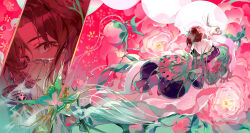  1girl absurdres brown_hair bug butterfly butterfly_hair_ornament chinese_clothes chinese_commentary commentary_request face_chain flower hair_ornament hanfu highres meiyou_lizhi multiple_views official_alternate_costume pink_flower reverse:1999 shawl tooth_fairy_(reverse:1999) wide_sleeves 