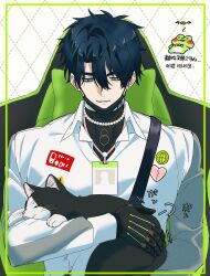  1boy animal animal_hug animal_on_lap barcode barcode_tattoo black_cat black_hair black_mask cat cat_on_lap chain chain_necklace ear_piercing earrings green_eyes highres holding holding_animal holding_cat id_card jewelry kainocan lanyard looking_at_animal looking_down male_focus mask mask_pull mechanical_hands mouth_mask multiple_necklaces neck_tattoo necklace on_lap pearl_necklace petting piercing robo_frostor shirt skoshism smile sticker stud_earrings tattoo turtleneck upper_body virtual_youtuber white_shirt 