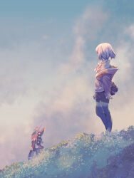  1girl black_skirt bow bowtie breasts clouds commentary gnd_no9 grass grey_pantyhose gridman_universe highres jacket long_sleeves looking_to_the_side medium_breasts pantyhose partially_unzipped pleated_skirt purple_bow purple_bowtie purple_hair purple_jacket school_uniform shinjou_akane shirt short_hair skirt sky sleeves_past_wrists solo ssss.gridman white_shirt 