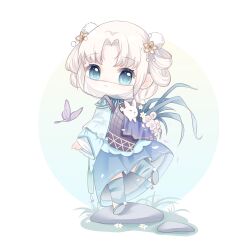  1girl animal basket blue_capelet blue_eyes blue_hands blue_socks bug butterfly capelet chibi chinese_commentary circlet commentary_request daisy_(flower) expressionless eyelashes flower grass grey_shoes hair_flower hair_ornament hair_rings highres infinity_nikki kneehighs kwsomeone leg_up looking_at_viewer looking_back mouth_veil nikki_(series) parted_bangs parted_lips pink_flower plant pom_pom_(clothes) pom_pom_hair_ornament potted_plant purple_butterfly rock see-through_clothes see-through_veil shoes short_hair socks solo standing stirrup_legwear thought_in_bloom_(infinity_nikki) toeless_legwear veil white_background white_flower white_hair white_rabbit_(animal) white_veil yellow_flower yunjian 