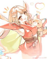  1girl :d absurdres animal animal_ears arm_up blonde_hair blush cho_kaguya-hime! commentary_request crescent crescent_hair_ornament dog hair_ornament heart highres holding holding_animal holding_dog inudoge japanese_clothes kaguya_(cho_kaguya-hime!) kimono long_hair looking_at_viewer lop_rabbit_ears notice_lines obi open_mouth outstretched_arm rabbit_ears red_kimono sash smile solo upper_body usanta white_background 
