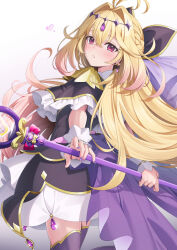  1girl antenna_hair black_capelet black_dress black_thighhighs blonde_hair blush capelet commentary_request cure_arcana_shadow dress frilled_capelet frills gradient_background gradient_hair grey_background hair_between_eyes hair_intakes heart highres holding holding_wand long_hair meitantei_precure! moria_luluka multicolored_hair nail_polish parted_lips pink_hair precure purple_nails red_eyes solo tear_arcana_rod thigh-highs very_long_hair wand white_background wrist_cuffs yuuri_nayuta 