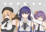  ... 3girls :d arm_under_breasts arms_up assault_lily bare_shoulders beret black_gloves black_headwear black_necktie black_ribbon blonde_hair blue_hair blue_shirt bow breasts bunny_ears_prank closed_eyes closed_mouth collared_shirt commentary_request detached_sleeves elbow_gloves gloves green_eyes grey_background grey_eyes hair_between_eyes hair_bow hair_ribbon hand_to_own_mouth hat hayami_katsura high_ponytail highres jitome kawanabe_nazuna large_breasts laughing light_blush long_hair looking_at_viewer low_ponytail low_twintails meme_(lm0009aetklim) multiple_girls necktie odaiba_girls_high_school_uniform open_mouth orange_bow purple_hair ribbon school_uniform shirt short_necktie side-by-side side_ponytail simple_background sleeveless sleeveless_shirt smile takehisa_nakaba tearing_up teeth twintails two-tone_shirt upper_body upper_teeth_only v-shaped_eyebrows white_gloves white_shirt 