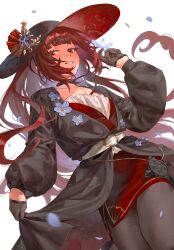  1girl adjusting_dress artist_name belt black_dress black_gloves black_hat black_ribbon black_thighhighs blunt_bangs collarbone commentary_request cowboy_shot dress dutch_angle flower flower_ornament gloves half_gloves hand_up hat highres indie_virtual_youtuber light_blush long_hair long_sleeves looking_at_viewer luxia making-of_available neck_ribbon parted_lips pentacle petals puffy_long_sleeves puffy_sleeves purple_flower purple_petals red_eyes red_hair red_hat red_skirt ribbon sidelocks simple_background skirt smile solo teeth thai_commentary thigh-highs unholymilk virtual_youtuber white_background white_belt 