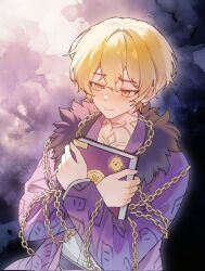  1boy belt bird black_background blonde_hair book buhuaixiaoguai chain chain_necklace chest_tattoo closed_mouth coat commentary corrupted_twitter_file crossed_bangs crossed_wrists double-parted_bangs english_commentary fur-trimmed_coat fur_trim gold_chain hair_between_eyes highres holding holding_book hugging_book hugging_object jewelry limbus_company long_sleeves looking_down male_focus middle_(identity)_(project_moon) necklace open_clothes open_coat print_coat project_moon purple_background purple_coat raised_inner_eyebrows shirt sidelocks sinclair_(project_moon) smile solo sticker tattoo two-tone_background white_shirt yellow_eyes 