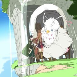  1boy 1girl animal_ears armor belt black_belt black_dress black_hair blue_eyes boots breastplate breasts brown_armor brown_belt brown_boots brown_gloves brown_hair brown_shirt chest_guard cliff cloak commentary_request covered_wagon dress elbow_gloves filo_(filolial_form)_(tate_no_yuusha_no_nariagari) filo_(tate_no_yuusha_no_nariagari) filolial fur-trimmed_armor fur-trimmed_collar fur_trim gloves green_cloak green_pants grey_armor holding holding_leash iwatani_naofumi knee_boots layered_shirt leash leather leather_armor leather_boots leather_gloves long_hair long_sleeves looking_at_animal looking_at_another messy_hair open_mouth pants pauldrons raccoon_ears raccoon_girl raccoon_tail raphtalia red_dress ruins shirt shirt_belt short_dress short_hair short_sleeves shoulder_armor sideways_mouth single_pauldron sleeveless sleeveless_dress small_breasts straight_hair tail tassets tate_no_yuusha_no_nariagari thigh_boots two-tone_dress umanosuke wagon white_dress white_fur zettai_ryouiki 