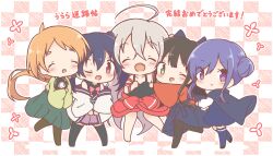 5girls :d ;d ^_^ ahoge bare_shoulders black_camisole black_hair black_pantyhose black_shirt black_shoes black_socks blue_dress blue_hair blue_hakama blue_socks blush bow camisole checkered_background chibi chiya_(urara_meirochou) closed_eyes commentary_request double_bun dress fang green_hakama green_kimono grey_hair hair_between_eyes hair_bun hakama hakama_skirt japanese_clothes kimono kneehighs long_sleeves low_ponytail mitarashi_neko multiple_girls natsume_nono nijou_omi off_shoulder one_eye_closed orange_hair orange_kimono pantyhose pink_bow ponytail puffy_long_sleeves puffy_sleeves purple_hair purple_skirt red_skirt shirt shoes short_eyebrows skirt sleeveless sleeveless_shirt smile socks standing standing_on_one_leg tatsumi_kon thick_eyebrows translation_request twintails urara_meirochou violet_eyes white_kimono white_shirt wide_sleeves yukimi_koume 
