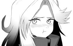  1girl absurdres artist_name blush closed_mouth coat commentary curtained_hair diana_(pragmata) english_commentary eyelashes goldentheliar greyscale highres long_hair looking_at_viewer monochrome padded_coat portrait pout pragmata simple_background solo white_background 