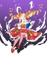  1girl \||/ absurdres adapted_costume beatrice_(re:zero) bell black_choker blonde_hair blue_eyes book bow butterfly-shaped_pupils capelet choker christmas closed_mouth collarbone commentary crown cup dress dress_bow drill_hair footwear_bow forehead frilled_dress frills full_body fur-trimmed_capelet fur_trim green_bow hands_up highres holding holding_book holding_cup knee_up long_hair long_sleeves looking_at_viewer mini_crown munzi_pangpang neck_bell open_book parted_bangs pink_thighhighs purple_background re:zero_kara_hajimeru_isekai_seikatsu red_bow red_dress red_shoes shoe_soles shoes sidelocks simple_background snowflakes solo striped_bow symbol-shaped_pupils teacup thigh-highs twin_drills twintails v-shaped_eyebrows very_long_hair white_capelet 