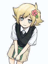  1boy antenna_hair basil_(faraway)_(omori) basil_(omori) blonde_hair blue_eyes brown_shorts closed_mouth collared_shirt commentary double-parted_bangs flower green_sweater_vest hair_flower hair_ornament looking_at_viewer male_focus mushichan omori shirt short_hair shorts sidelocks simple_background solo sweater_vest white_background white_shirt 