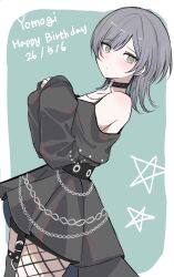  1girl bang_dream! bang_dream!_our_notes black_choker black_dress blush choker commentary dated dress fishnet_pantyhose fishnets garter_straps grey_hair happy_birthday highres looking_at_viewer medium_hair o-ring o-ring_choker o3z3c off-shoulder_dress off_shoulder pantyhose single_leg_pantyhose sleeves_past_wrists solo untranslatable_commentary wolf_cut yakura_yomogi 