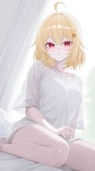  1girl absurdres ahoge bare_legs barefoot blonde_hair blush breasts collarbone commentary curtains food-themed_hair_ornament hair_between_eyes hair_intakes hair_ornament hairclip highres indoors jingburger korean_commentary looking_at_viewer medium_breasts medium_hair mole mole_under_eye nail_polish parted_lips red_eyes see-through_clothes see-through_silhouette sei_(0724sei6) seiza shirt short_hair short_sleeves sitting smile solo strawberry_hair_ornament thighs virtual_youtuber waktaverse wariza white_shirt yellow_nails 