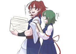  2girls blue_skirt blue_vest brown_sash coin coin_on_string commentary_request danna_(dng_satou) green_eyes green_hair height_difference highres holding holding_paper medium_hair missing_headwear multiple_girls muscular muscular_female obi obidome onozuka_komachi open_mouth paper pleated_skirt red_eyes red_hair sash shiki_eiki shirt simple_background skirt smile sweatdrop teeth touhou translation_request upper_teeth_only vest white_background white_shirt wide_sleeves 
