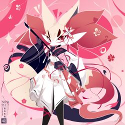 1girl animal_ear_fluff animal_ears asymmetrical_sleeves black_fur braixen clothed_pokemon commentary_request flower fox_ears fox_tail full_body furry furry_female highres holding holding_staff japanese_clothes kimono kimono_skirt looking_at_viewer mismatched_sleeves multicolored_fur pink_background pokemon pokemon_(creature) red_eyes red_fur red_ribbon ribbon simple_background skirt solo staff standing tail thatonehaxorus white_flower white_fur white_skirt yellow_fur 