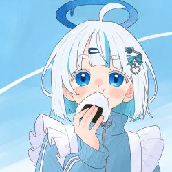  1girl blue_eyes blue_halo blue_jacket blue_streaks commentary_request eating food hair_ornament halo highres holding holding_food jacket jersey_maid komori_kamome looking_at_viewer maid multicolored_hair onigiri original solo streaked_hair track_jacket unconventional_maid white_hair 