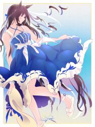  1girl animal_ears bare_shoulders blue_dress blush breasts brown_hair closed_mouth collarbone criss-cross_halter dress echoo halterneck hat highres holding holding_unworn_clothes holding_unworn_hat horse_ears horse_girl horse_tail long_hair looking_at_viewer mejiro_dober_(umamusume) mejiro_dober_(vacation_safir)_(umamusume) official_alternate_costume sash shoes sleeveless sleeveless_dress solo sun_hat tail umamusume unworn_hat unworn_headwear violet_eyes waist_sash white_shoes 