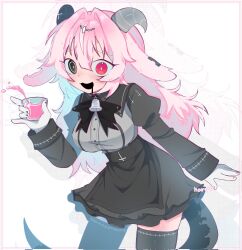  1girl animal_ears asymmetrical_horns bell black_bow black_bowtie black_eyes black_horns black_skirt black_thighhighs bow bowtie breasts corrupted_twitter_file cowboy_shot cup drinking_glass drooling femme_soule floppy_ears goat_ears goat_horns grey_horns grey_shirt hair_intakes hand_up heterochromia high-waist_skirt highres holding holding_cup horns juliet_sleeves large_breasts leaning_forward long_hair long_sleeves neck_bell open_mouth pink_eyes pink_hair puffy_sleeves pukey_goddess_shot_trick ringed_eyes shirt simple_background skindentation skirt smile solo standing swijid028821 tail thigh-highs white_background zettai_ryouiki zoom_layer 