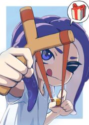  1girl :q blue_background blue_eyes blue_hair border box commentary_request gift gift_box highres holding holding_slingshot holding_weapon long_hair mizututigi octoling octoling_girl octoling_player_character one_eye_closed outside_border shirt slingshot_(weapon) solo splatoon_(series) spoken_object standing t-shirt tentacle_hair tongue tongue_out upper_body weapon white_border white_shirt 