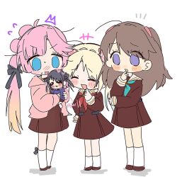 +++ 4girls ^^^ ^_^ ahoge anyoji_hime aqua_neckerchief arrow_(symbol) baby_carry black_hair black_ribbon blonde_hair blue_hair blush blush_stickers brown_dress brown_hair brown_shoes carrying chibi closed_eyes col_person colored_inner_hair colored_tips commentary double_bun dress embarrassed finger_to_mouth flower flying_sweatdrops fujishima_megumi full_body gradient_hair hair_bun hair_flower hair_ornament hair_ribbon hand_to_own_mouth hasu_no_sora_school_uniform heart highres kneehighs long_hair long_sleeves loose_hair_strand love_live! love_live!_hasu_no_sora_jogakuin_school_idol_club mira-cra_park! multi-tied_hair multicolored_hair multiple_girls neckerchief notice_lines osawa_rurino pink_flower pink_hair ponytail red_neckerchief ribbon sailor_collar sailor_dress school_uniform shinowa_mion shoes socks standing twintails two_side_up violet_eyes virtual_youtuber white_sailor_collar white_socks winter_uniform yellow_neckerchief 