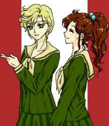  2girls bishoujo_senshi_sailor_moon blonde_hair blue_eyes closed_eyes commentary_request cowboy_shot curly_hair green_shirt green_skirt hair_bobbles hair_ornament hand_up kino_makoto long_hair long_sleeves looking_at_viewer lowres multiple_girls neckerchief outside_border pillarboxed pleated_skirt ponytail profile sailor_collar school sere_(fuko_sere) shirt short_hair skirt smile ten'ou_haruka walking white_background yellow_neckerchief yellow_sailor_collar 