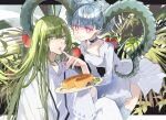  1girl 1other aqua_hair black_choker breasts choker commentary_request curled_horns dragon_horns dress enkidu_(fate) fate/grand_order fate_(series) food food_on_face green_eyes green_hair hair_between_eyes holding holding_plate horns large_horns larva_tiamat_(fate) long_hair looking_at_viewer medium_breasts open_mouth pink_eyes plate pointy_ears poppoman robe sitting sleeves_past_fingers sleeves_past_wrists symbol-shaped_pupils tiamat_(fate) white_dress white_robe x-shaped_pupils 