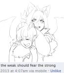  2girls alp_(monster_girl_encyclopedia) androgynous animal_ear_fluff animal_ears animal_hands cat_ears claws closed_eyes demon demon_girl demon_horns demon_tail english_text evil_smile fangs headlock highres horns less lion_ears lion_paw looking_at_viewer manticore_(monster_girl_encyclopedia) meme monster_girl monster_girl_encyclopedia multiple_girls neck_fur non-web_source pointy_ears scared smile smug spread_wings tail the_weak_should_fear_the_strong_(meme) wings 