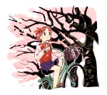  1girl amami_haruka bag bag_removed bicycle bicycle_basket blue_skirt brown_hair cherry_blossoms clenched_hand closed_mouth collared_shirt dot_nose falling_petals floating_hair foot_out_of_frame ground_vehicle hair_ribbon hands_up highres idolmaster idolmaster_(classic) iwashi_iwashimo long_sleeves looking_ahead neck_ribbon outdoors petals pleated_skirt red_footwear red_ribbon red_sweater_vest ribbon riding riding_bicycle school_bag school_uniform shirt short_hair skirt smile socks solo spring_(season) sweater_vest tree wind wing_collar yellow_socks 