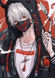  1boy black_hoodie character_charm charm_(object) clothes_writing collarbone commentary fox_mask hair_between_eyes highres hood hood_up hoodie horns jewelry kunai league_of_legends long_sleeves mask mouth_mask neck_tattoo necklace oreki_genya partially_unzipped red_background red_eyes ring shirt short_hair shoulder_strap simple_background t-shirt tassel tattoo upper_body weapon white_hair white_shirt wrist_tattoo zed_(league_of_legends) 