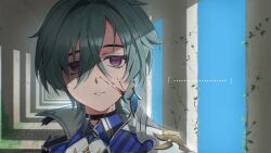  ... 1boy ahoge armor belt belt_collar black_belt black_gloves blood blood_on_face blood_splatter blue_shirt blue_sky building choker coat collar collared_shirt commentary_request earrings genshin_impact gloves green_hair hair_between_eyes highres jewelry light_smile lohen_(genshin_impact) long_sleeves male_focus mole mole_under_eye multicolored_eyes partially_shaded_face shadow shirt short_hair shoulder_armor single_earring sky solo tomato_mt_mt upper_body 