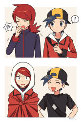  ! 2boys :d absurdres backwards_hat black_hair black_hat black_jacket black_shirt borrowed_clothes chueog clenched_hand closed_eyes commentary_request cowlick ethan_(pokemon) hand_up hat highres hood hood_up jacket korean_commentary korean_text long_hair long_sleeves male_focus multiple_boys open_mouth pokemon pokemon_heartgold_and_soulsilver red_hair red_jacket shirt short_hair silver_(pokemon) smile speech_bubble spoken_exclamation_mark strap sweatdrop t-shirt translation_request 