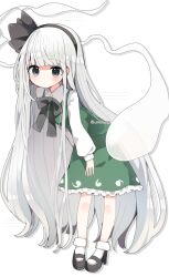  absurdres alternate_hair_length_(longer) blue_eyes blunt_bangs blush blush_stickers bow bowtie closed_mouth commentary_request dot_mouth green_skirt green_vest hair_bow hairband highres hitodama_print konpaku_youmu konpaku_youmu_(ghost) leaning_forward long_hair mary_janes shirasuame_shiromaru shirt shoes skirt touhou twitter_username very_long_hair vest white_background white_hair white_shirt 