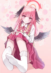  1girl absurdres alternate_costume alternate_hairstyle black_wings blue_archive blunt_bangs blush bow braid chinese_commentary closed_mouth collared_shirt commentary_request dress_shirt dutch_angle eyelashes feathered_wings feet foreshortening full_body furrowed_brow hair_bow halo hands_on_own_knees head_wings highres jtmika knees_up koharu_(blue_archive) legs light_frown long_hair long_skirt long_sleeves looking_at_viewer low_wings neck_ribbon no_shoes pink_background pink_bow pink_eyes pink_hair pleated_skirt red_halo red_ribbon red_skirt ribbon school_uniform shirt simple_background sitting skirt socks soles solo sweater_vest toes twin_braids white_shirt white_socks winged_halo wings yellow_sweater_vest 