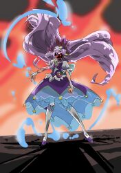  1girl absurdres back_bow belt_pouch blue_bow blurry blurry_background bow commentary_request crescent crescent_earrings cure_selene dress earrings evil_smile eyes_in_shadow face_in_shadow fire floating_hair hair_ornament highres jewelry kaguya_madoka kneehighs long_hair looking_at_viewer magical_girl pouch precure puffy_short_sleeves puffy_sleeves purple_dress purple_hair purple_shoes red_eyes shadow shoes short_sleeves smile socks solo standing star_(symbol) star_twinkle_precure very_long_hair white_socks wrist_cuffs yoshiyama_yuu 