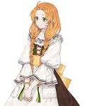  1girl ahoge artist_request atelier_(series) atelier_marie bracelet braid closed_mouth collar dress frilled_collar frills green_eyes hair_over_shoulder jewelry long_hair long_sleeves official_art orange_hair own_hands_together pocket ring schia_donnerstage simple_background smile solo standing twin_braids white_dress wide_sleeves 