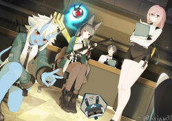  1boy 3girls absurdres aburi_gure animal_ear_fluff animal_ears aqua_jacket asaba_harumasa bangboo_(zenless_zone_zero) black_gloves black_hair black_necktie black_skirt blue_horns blue_oni blue_skin blue_tail blush breasts chair choker closed_mouth colored_skin desk fingerless_gloves fox_ears fox_girl gauntlets glasses gloves green_jacket hair_between_eyes hair_between_horns headband high-waist_skirt highres holding holding_weapon horns hoshimi_miyabi indoors jacket katana long_hair looking_at_viewer multicolored_horns multiple_girls necktie on_one_knee oni open_mouth pink_eyes pink_hair pointy_ears red_eyes shirt short_hair sidelocks single_fingerless_glove single_gauntlet sitting skin-covered_horns skirt smile soukaku_(zenless_zone_zero) standing sword tail tailless_(zenless_zone_zero) tsukishiro_yanagi twitter_username two-tone_horns two-tone_tail weapon white_hair white_shirt yellow_eyes yellow_headband zenless_zone_zero 