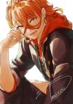  1boy absurdres earrings fire_emblem fire_emblem_engage hand_on_own_face highres hood hoodie jacket jewelry long_sleeves looking_at_viewer male_focus medium_hair open_mouth orange_hair pandreo_(fire_emblem) smile solo wa_gamc white_background yellow_eyes 
