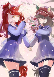  2girls absurdres animal_ears blush bow bowtie breasts brown_hair cherry_blossoms closed_mouth commentary_request ear_covers ears_through_headwear facial_mark hair_between_eyes hand_puppet hat heart heart_facial_mark heart_hands heart_hands_duo heart_on_cheek highres holden_(like_a_wasabi) holding_hands horse_ears horse_girl horse_tail long_hair long_sleeves loves_only_you_(umamusume) marche_lorraine_(umamusume) medium_breasts mismatched_ear_covers multicolored_hair multiple_girls pleated_skirt puppet purple_sailor_collar purple_serafuku purple_shirt purple_skirt purple_thighhighs red_hair sailor_collar sailor_shirt school_uniform serafuku shirt short_hair skirt smile tail thigh-highs tracen_school_uniform umamusume violet_eyes white_bow white_bowtie yellow_eyes zettai_ryouiki 