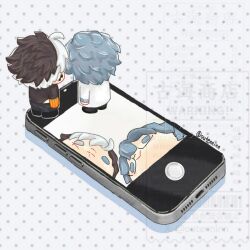  2boys blue_eyes cellphone chibi chibi_only commentary_request girls'_frontline_neural_cloud girls_frontline glasses highres iphone iphone_3g lab_coat male_professor_(neural_cloud) multicolored_hair multiple_boys outenninn phone professor_(neural_cloud) python_(neural_cloud) scar scar_on_face smartphone 