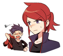  2boys alternate_hairstyle black_shirt chueog closed_eyes closed_mouth collarbone commentary_request ethan_(pokemon) grey_eyes holding holding_strap holding_unworn_clothes holding_unworn_jacket jacket korean_commentary male_focus multiple_boys open_clothes open_jacket open_mouth pokemon pokemon_heartgold_and_soulsilver ponytail raised_inner_eyebrows red_hair shirt short_sleeves silver_(pokemon) sweat sweatdrop t-shirt teeth translation_request unworn_jacket upper_teeth_only white_background 